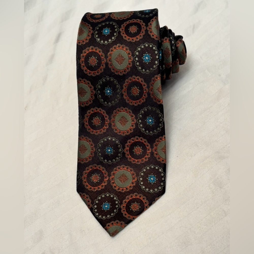 Ken Scott Silk Tie Necktie Brown Blue Beige Geometric Print Businessman Preppy